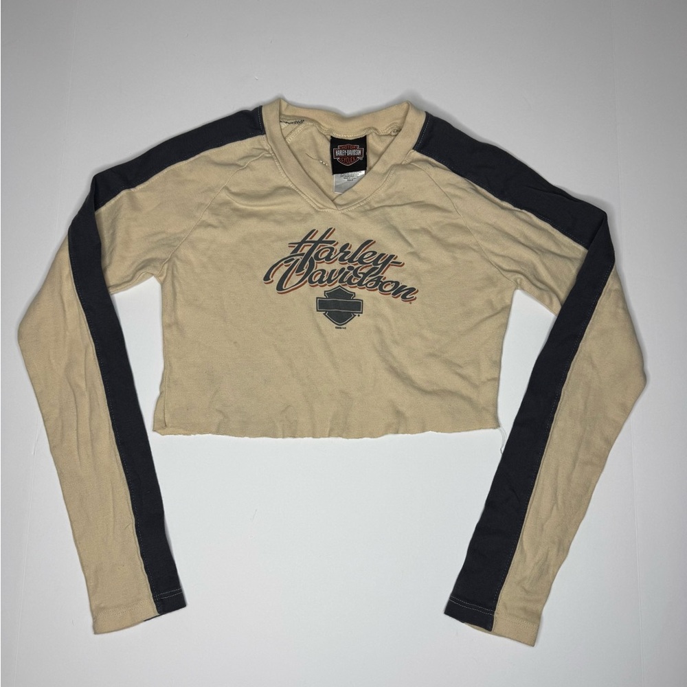 Harley Davidson Cropped Long Sleeve Tee Tan Black Women’s Small